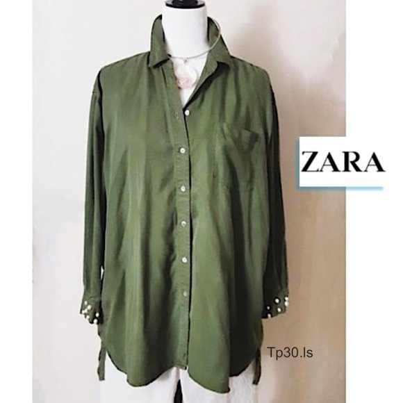ZARA Forest Green Lyocell Womens Hi-Low Blouse White Pearl Cuffs L-Sleeve Collar - Picture 1 of 14